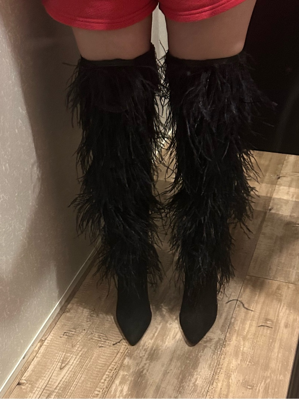 Dollskill Black feathered thigh high boots woman’s sz 7